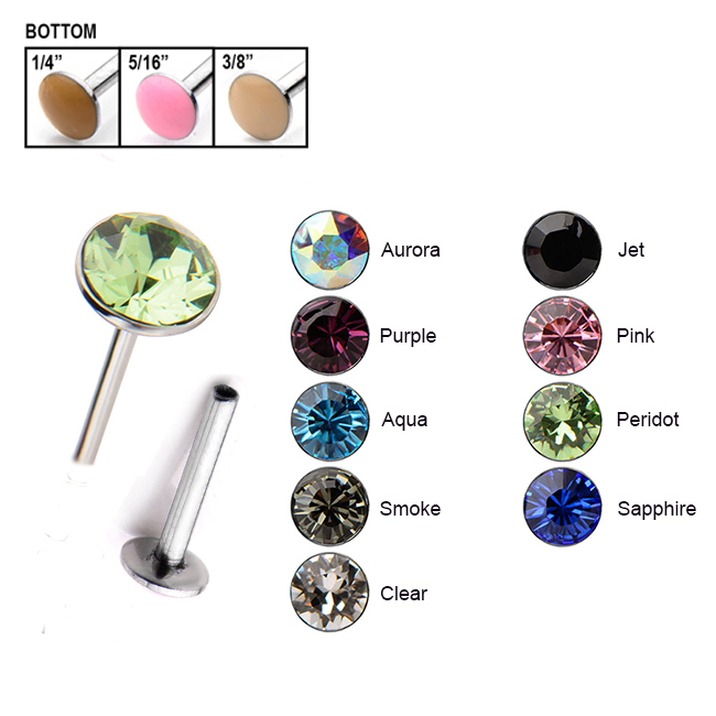 316L Surgical Steel Labret Style Nose Stud Push Pin 2mm Swarovski Gem